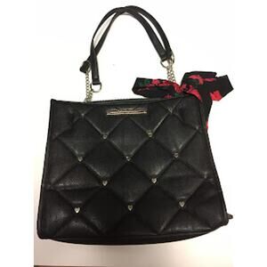 Betsey Johnson Black Studded Quilted Purse Rose Pattern Sash Silver Tone Chains